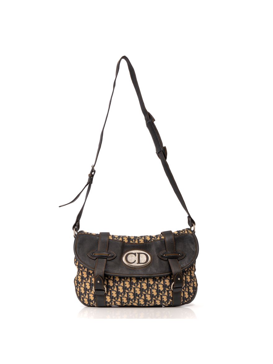 Dior Beige Navy Oblique Canvas & Leather Vintage Trotter Shoulder Bag