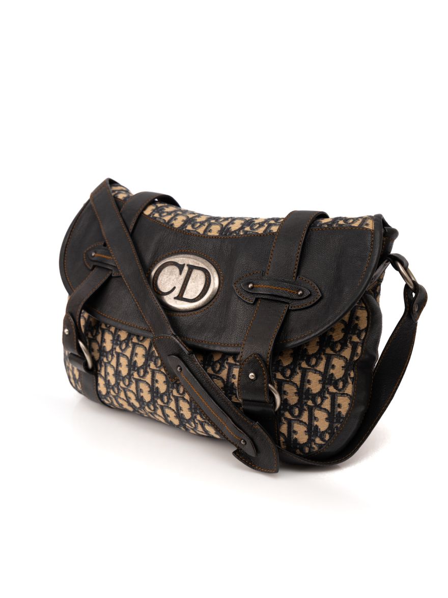 Dior Beige Navy Oblique Canvas & Leather Vintage Trotter Shoulder Bag