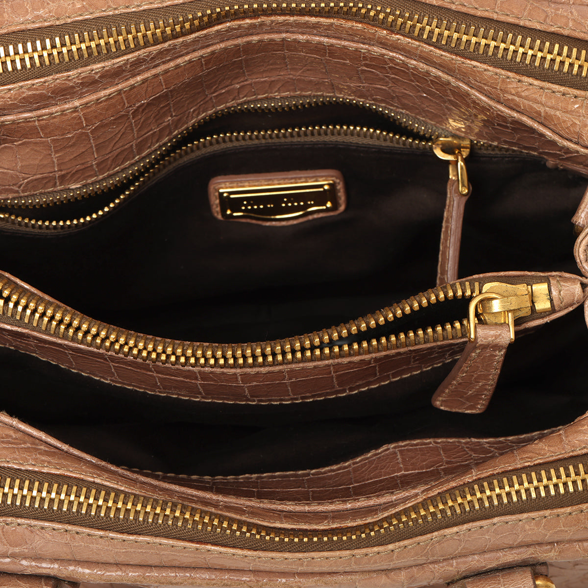 Calfskin Crocodile Embossed Leather Tan Shoulder Bag