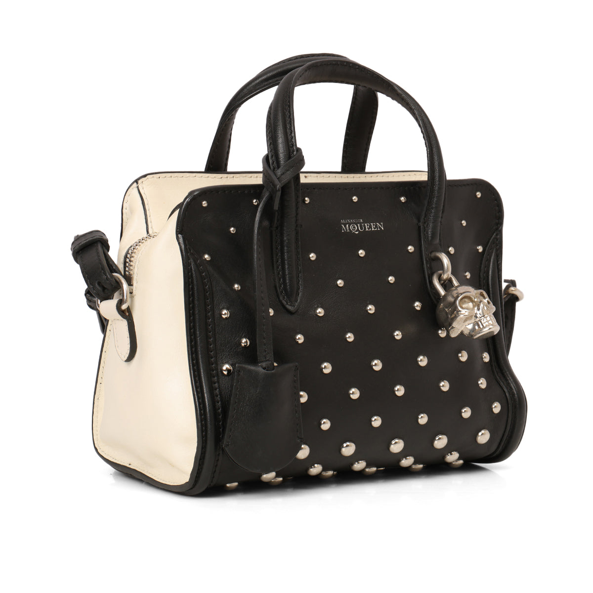 Black/White Studded Leather Mini Skull Padlock Zip Tote