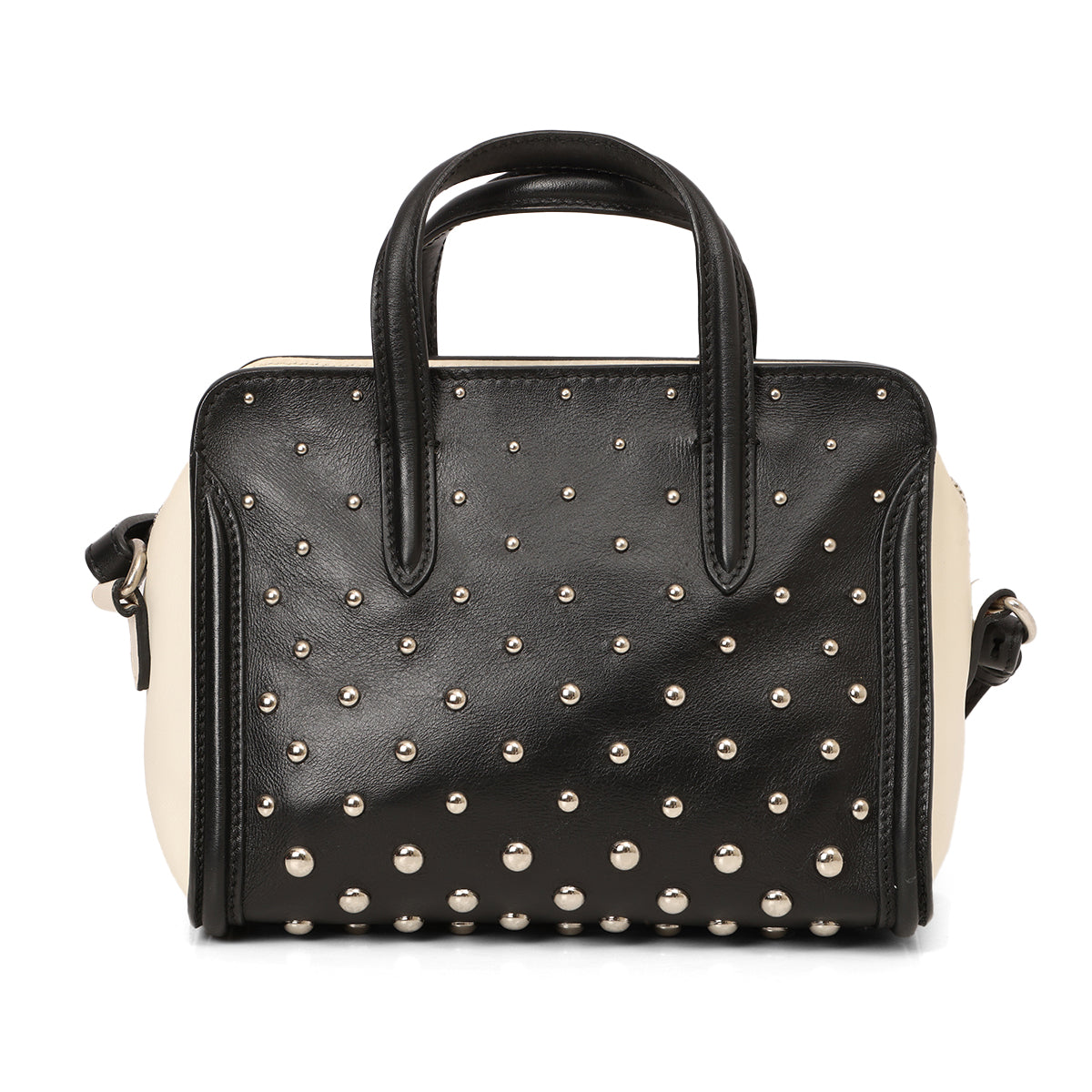 Black/White Studded Leather Mini Skull Padlock Zip Tote
