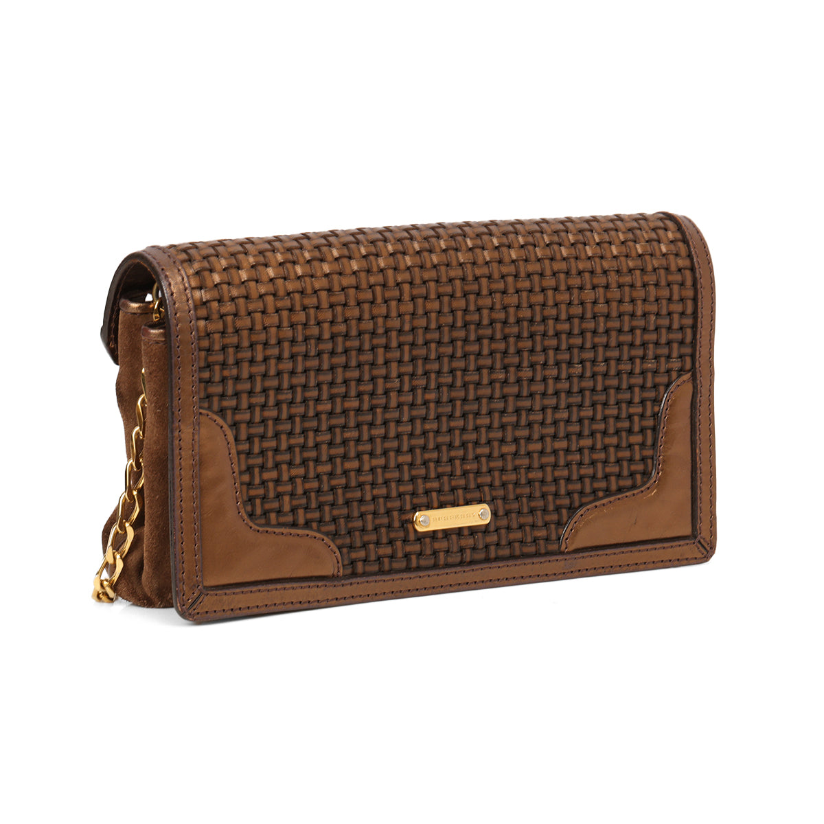 Metallic Brown Woven Leather and Suede Small Shoulder Bag
