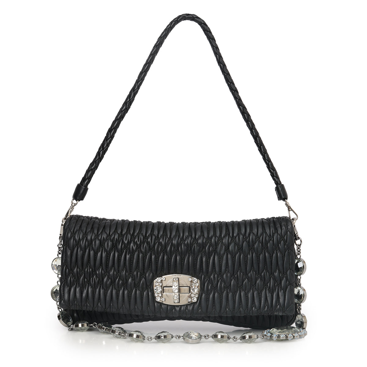 Black Leather Nappa Matelasse Crystal Flap Shoulder Bag