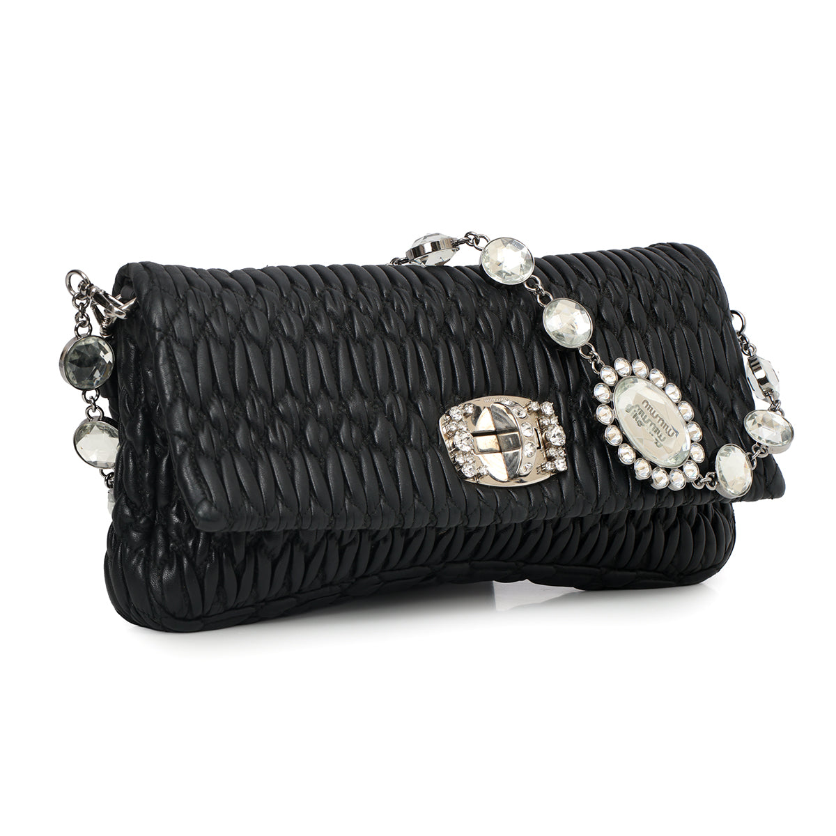 Black Leather Nappa Matelasse Crystal Flap Shoulder Bag