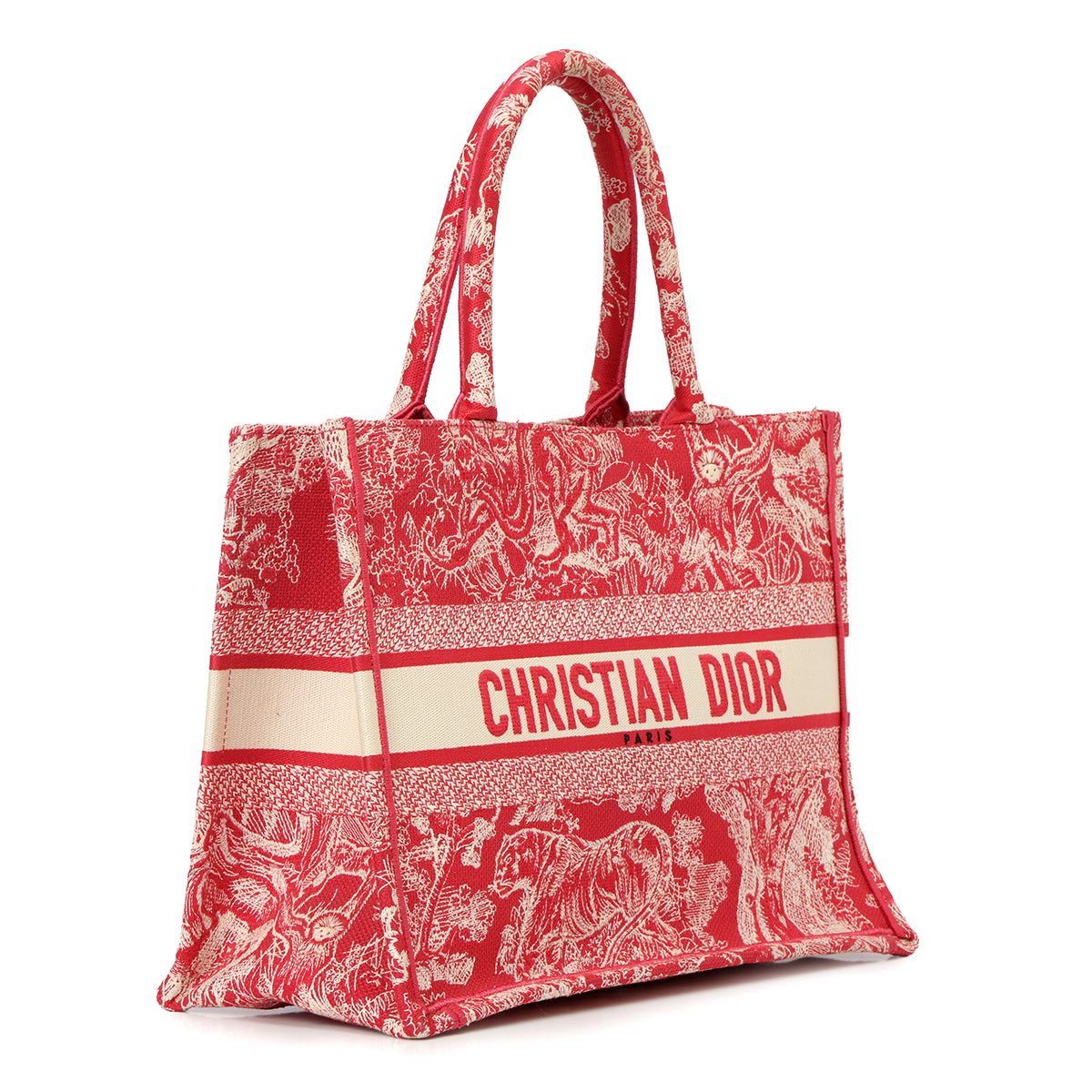 Fuchsia/Ecru Embroidery Canvas Toile De Jouy Medium Book Tote