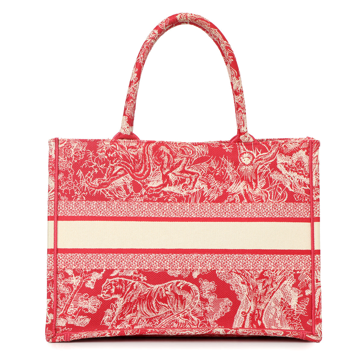 Fuchsia/Ecru Embroidery Canvas Toile De Jouy Medium Book Tote