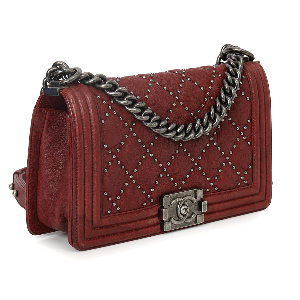 Maroon Medium Studded Distressed Leather Boy Bag