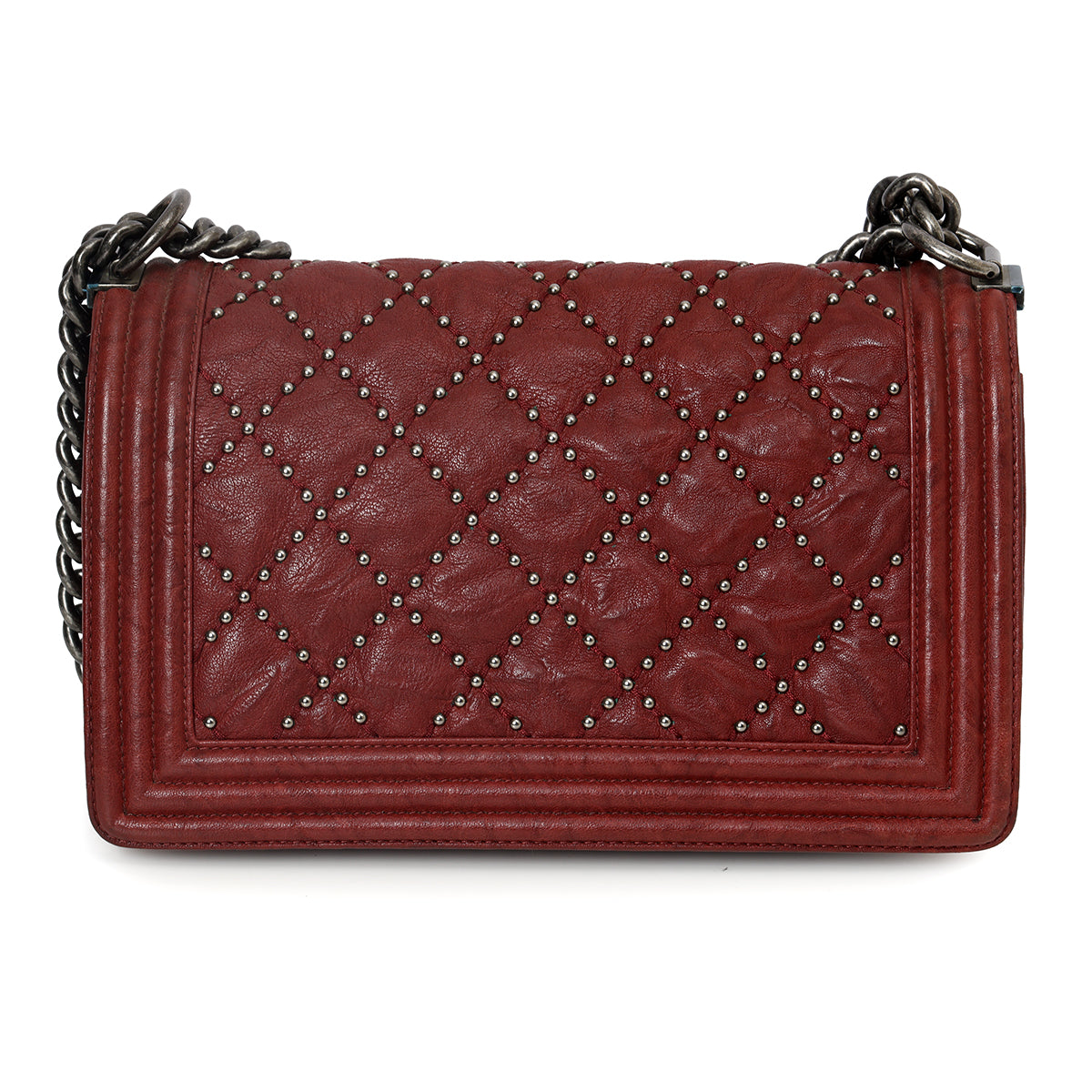 Maroon Medium Studded Distressed Leather Boy Bag