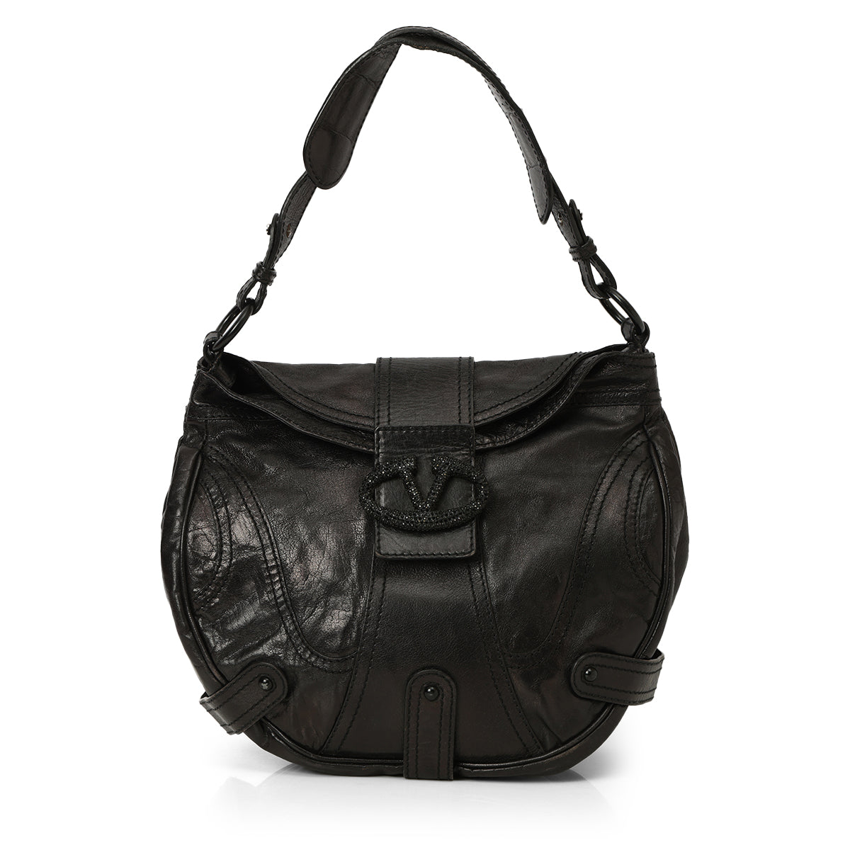 Black Crystal Embellished Leather Catch Hobo One Size Bag