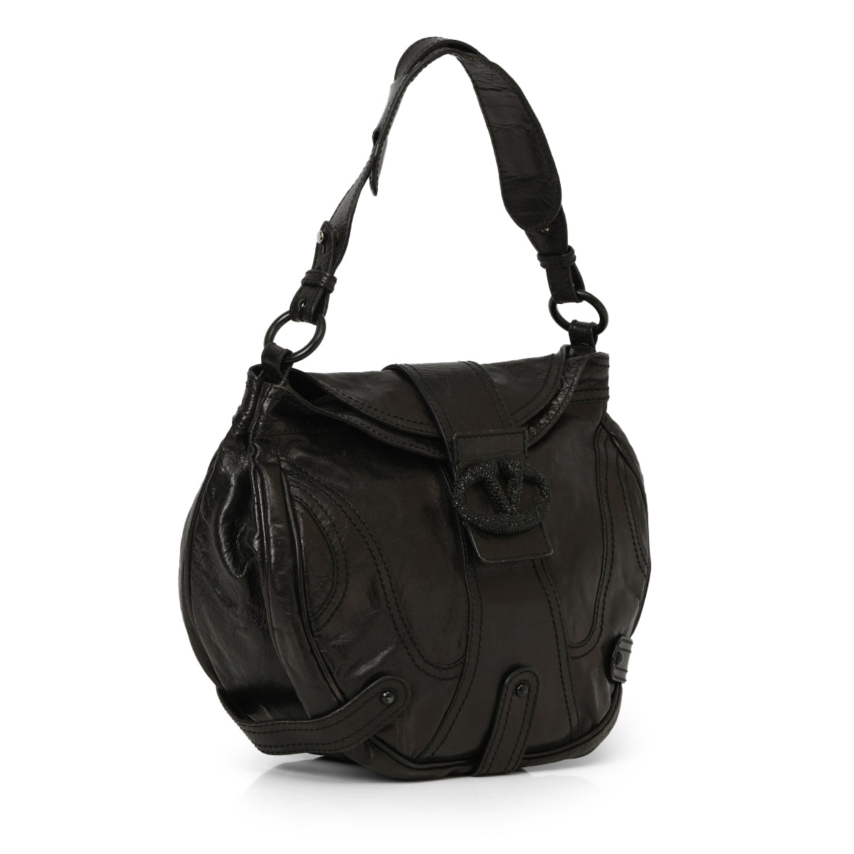 Black Crystal Embellished Leather Catch Hobo One Size Bag