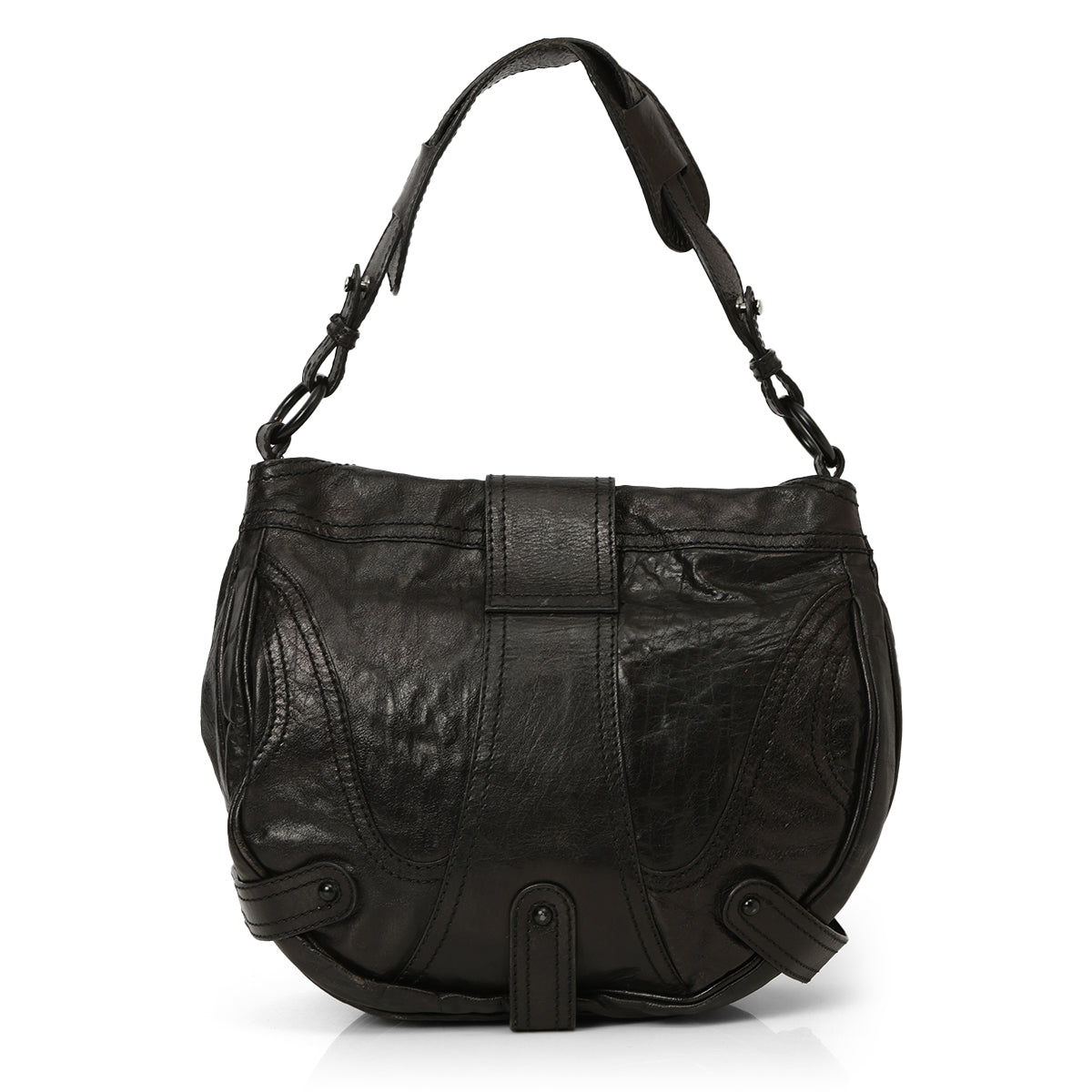 Black Crystal Embellished Leather Catch Hobo One Size Bag