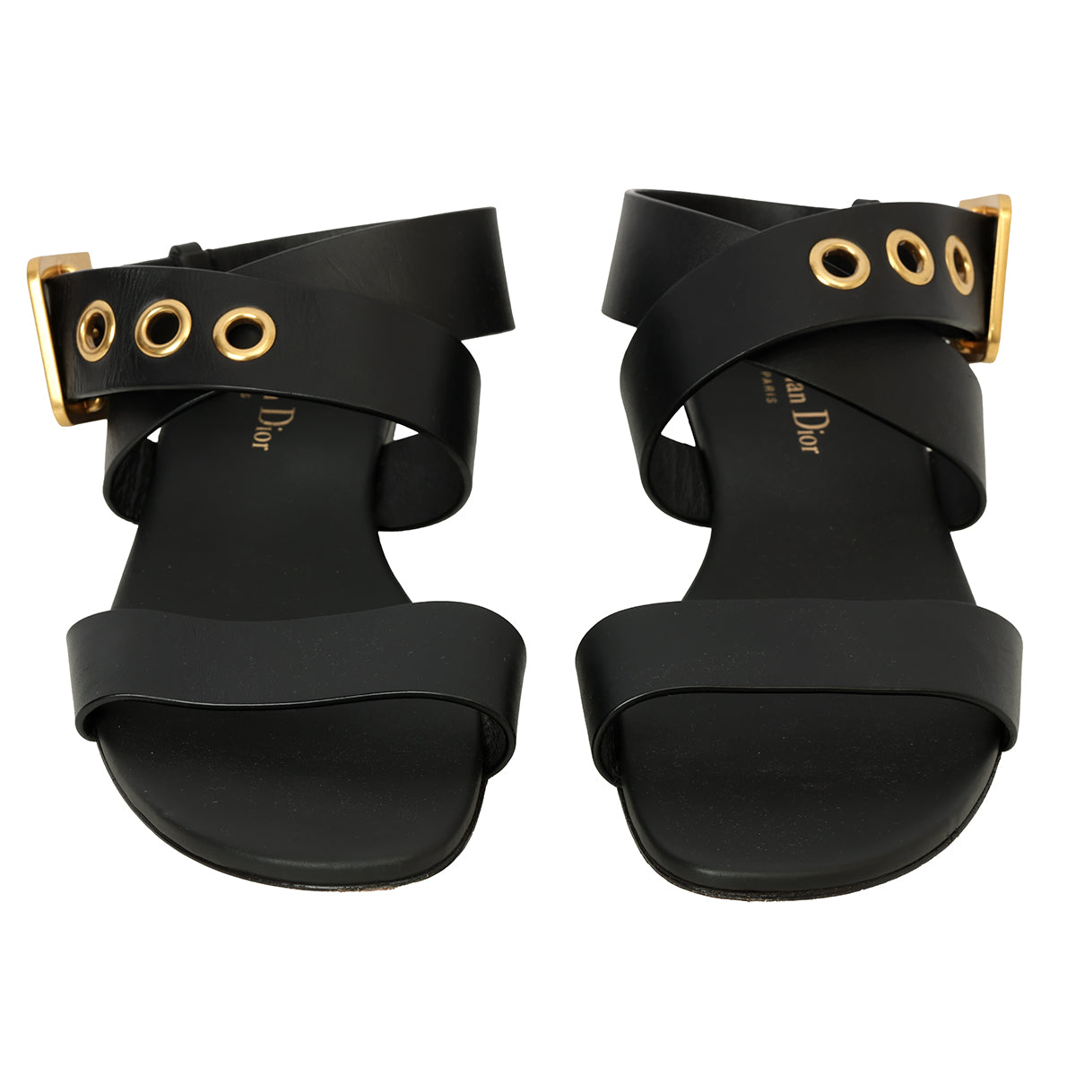 Black Leather Ankle Strap Flat Sandals Size: 38.5