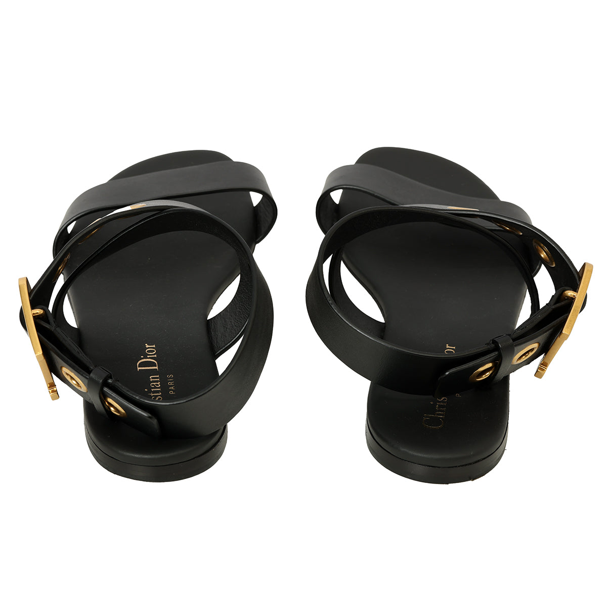 Black Leather Ankle Strap Flat Sandals Size: 38.5