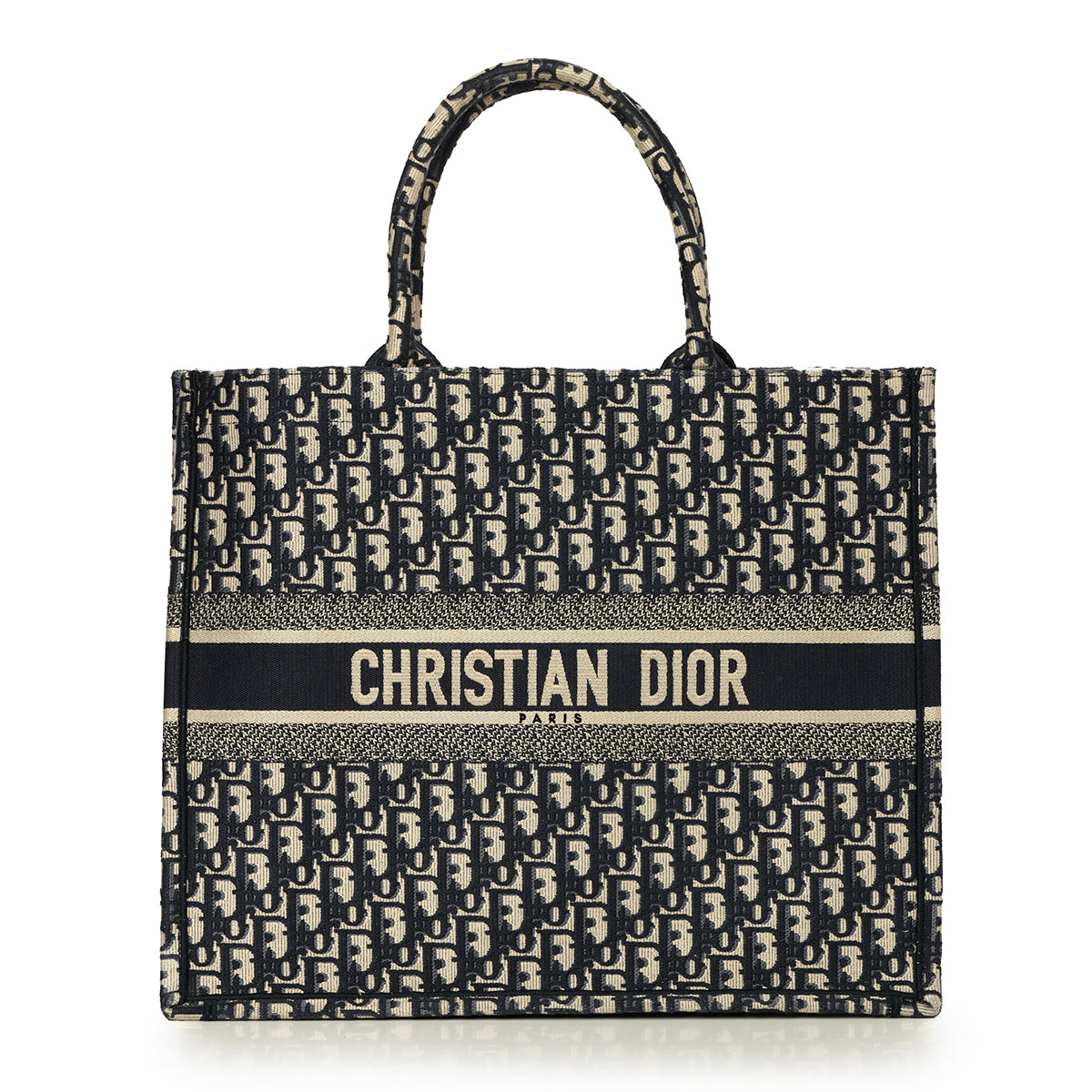 Ecru and Blue Dior Oblique Embroidery Large Book Tote Bag