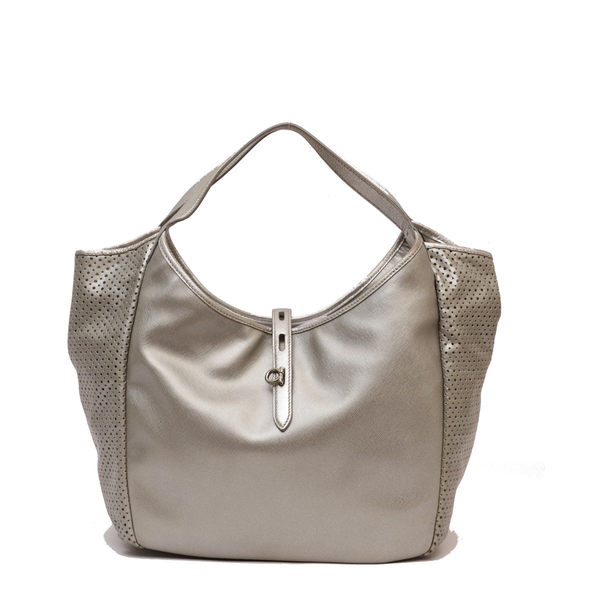 SILVER LEATHER PERFORATED HOBO BAG