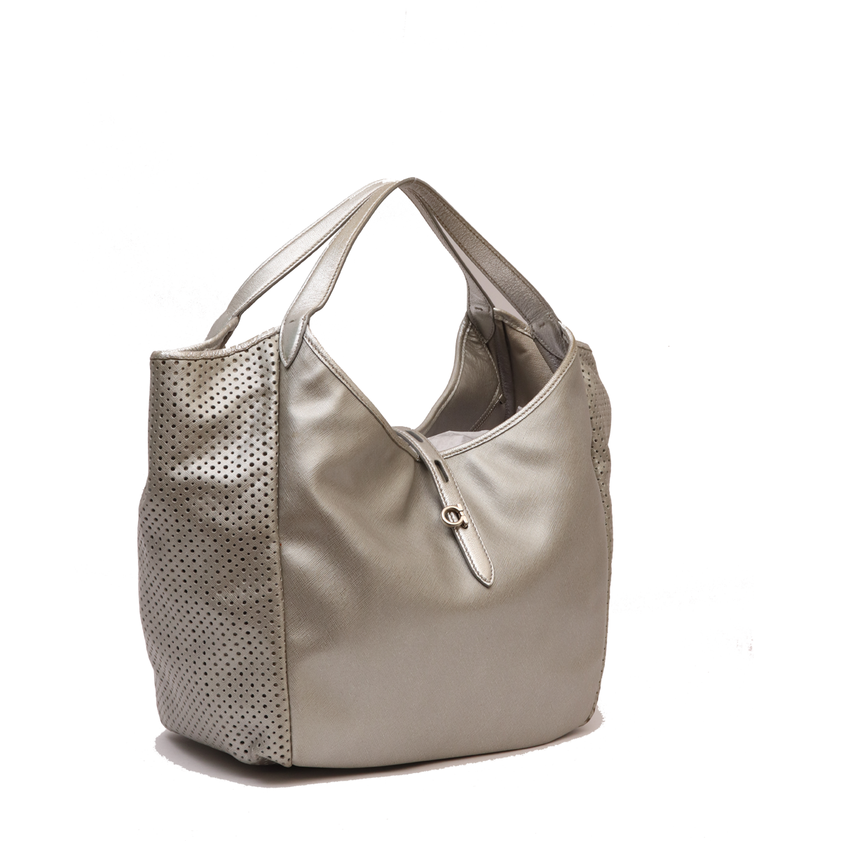 SILVER LEATHER PERFORATED HOBO BAG
