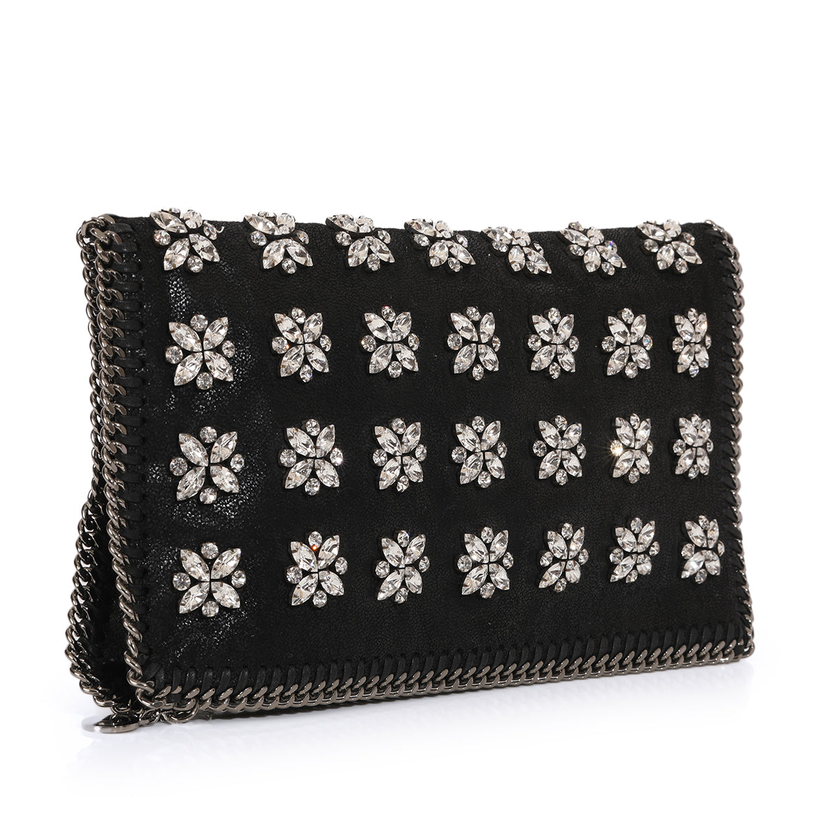 Black Faux Leather Crystal Embellished Jewelled Foldover Clutch