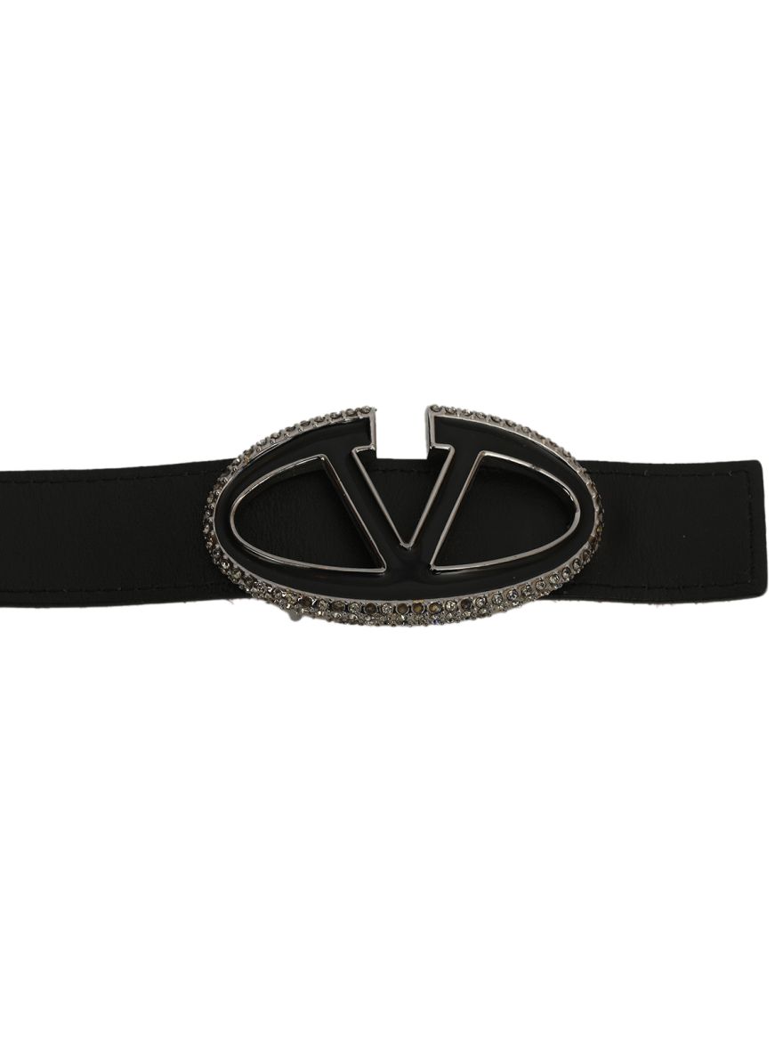 Black Leather And Suede Crystal V Logo Belt Size: 38