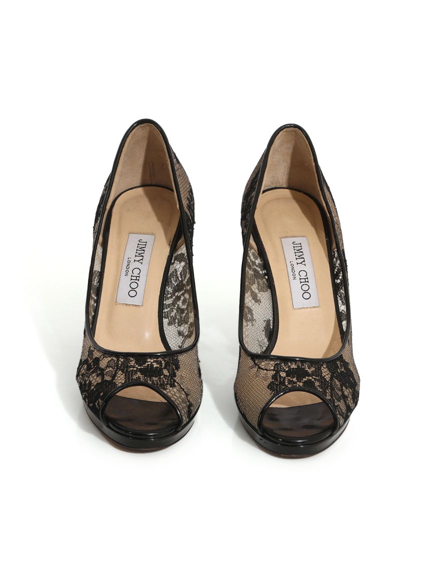 Black Lace and Mesh Dahlia Peep Toe Pumps Size-39