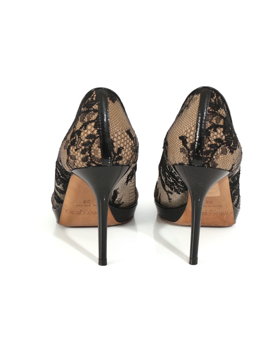 Black Lace and Mesh Dahlia Peep Toe Pumps Size-39