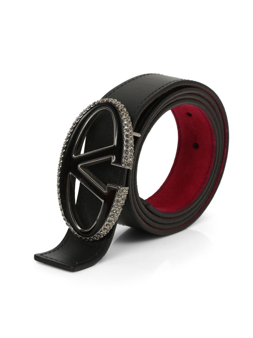 Black Leather And Suede Crystal V Logo Belt Size: 38
