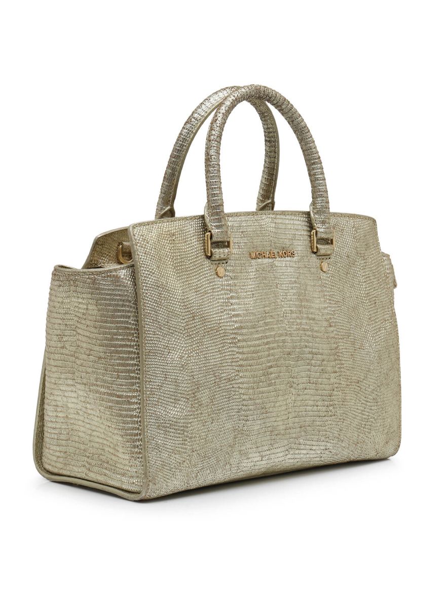 Metallic Gold Lizard Embossed Leather Hand Bag