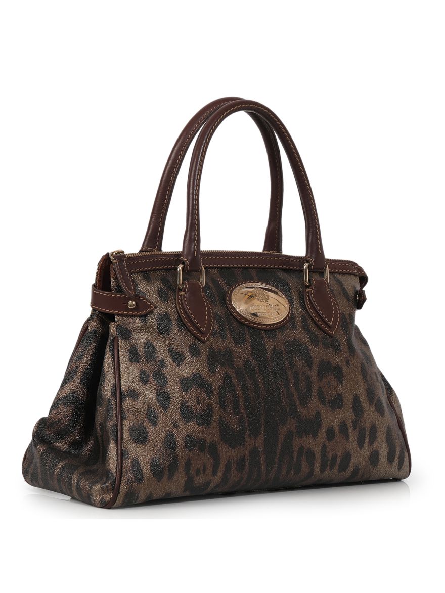 Green/Brown Leopard Print Coated Canvas Zip Satchel Medium
