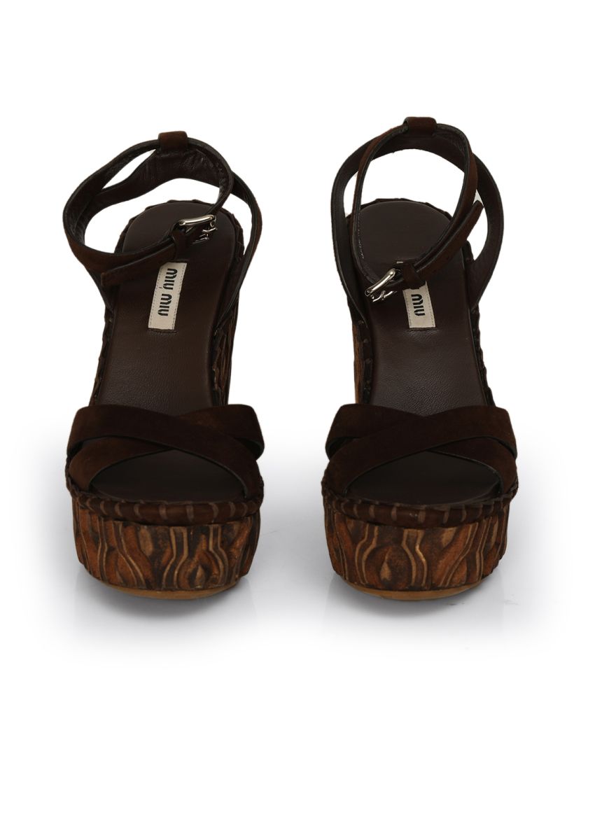 Brown Suede Ankle Strap Wedge Heel Sandals Size: 36