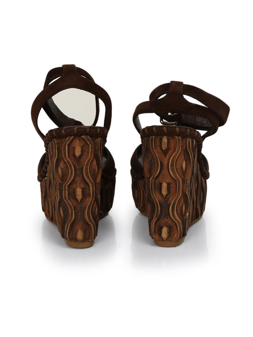 Brown Suede Ankle Strap Wedge Heel Sandals Size: 36