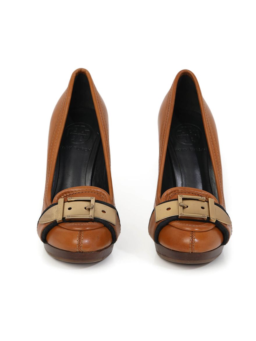 Tan Leather Gold Buckle Pumps/Size-5M
