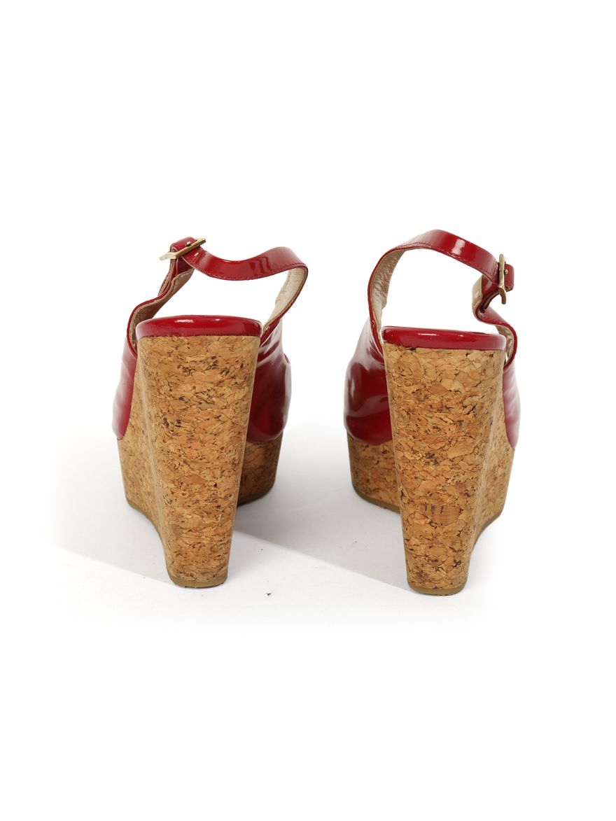 cherry Red Patent Leather Prova Cork Wedge Peep Toe Platform Slingback Sandals Size-37