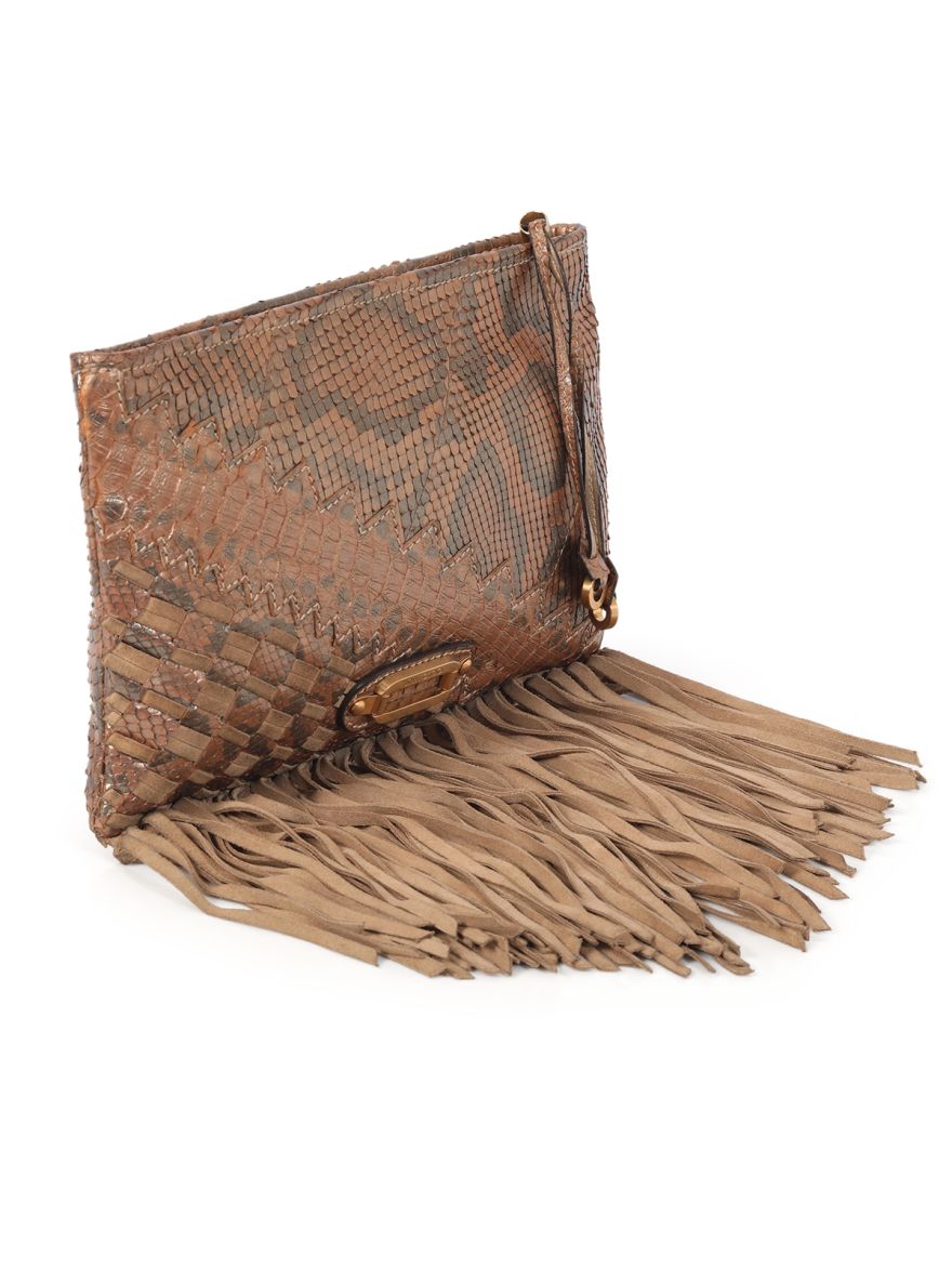 Metallic Snakeskin Fringed Clutch