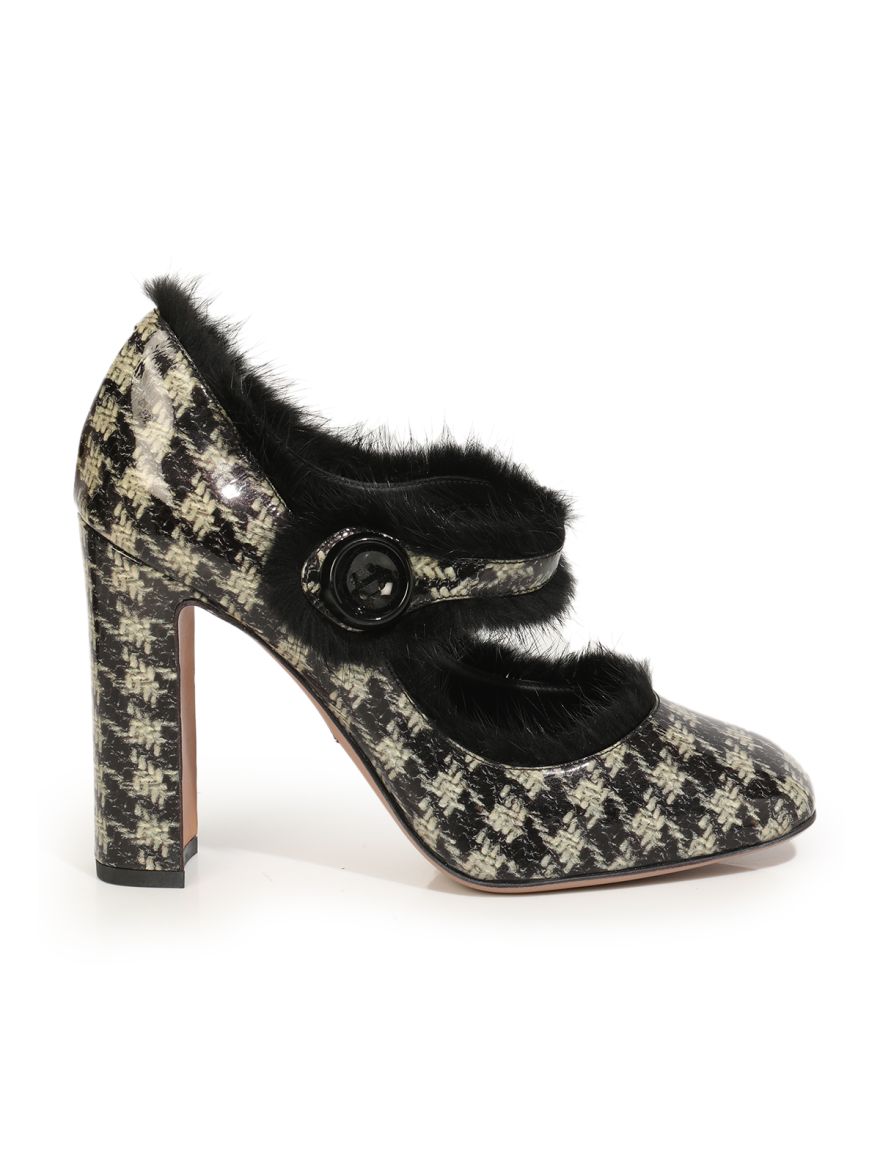 Patent Leather Furr Mary Jane Pumps Size- 38.5