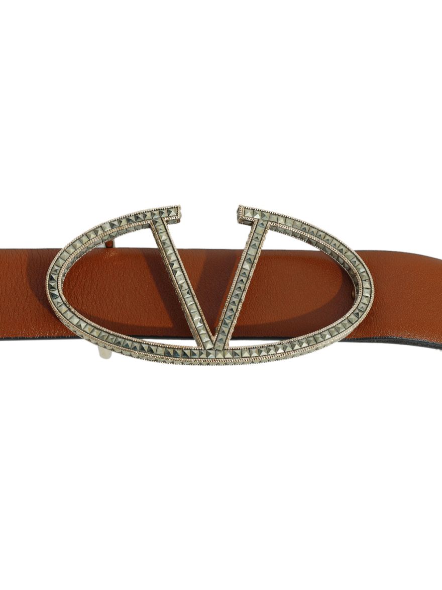 Tan leather Embellished Logo Platino Belt Size: 36