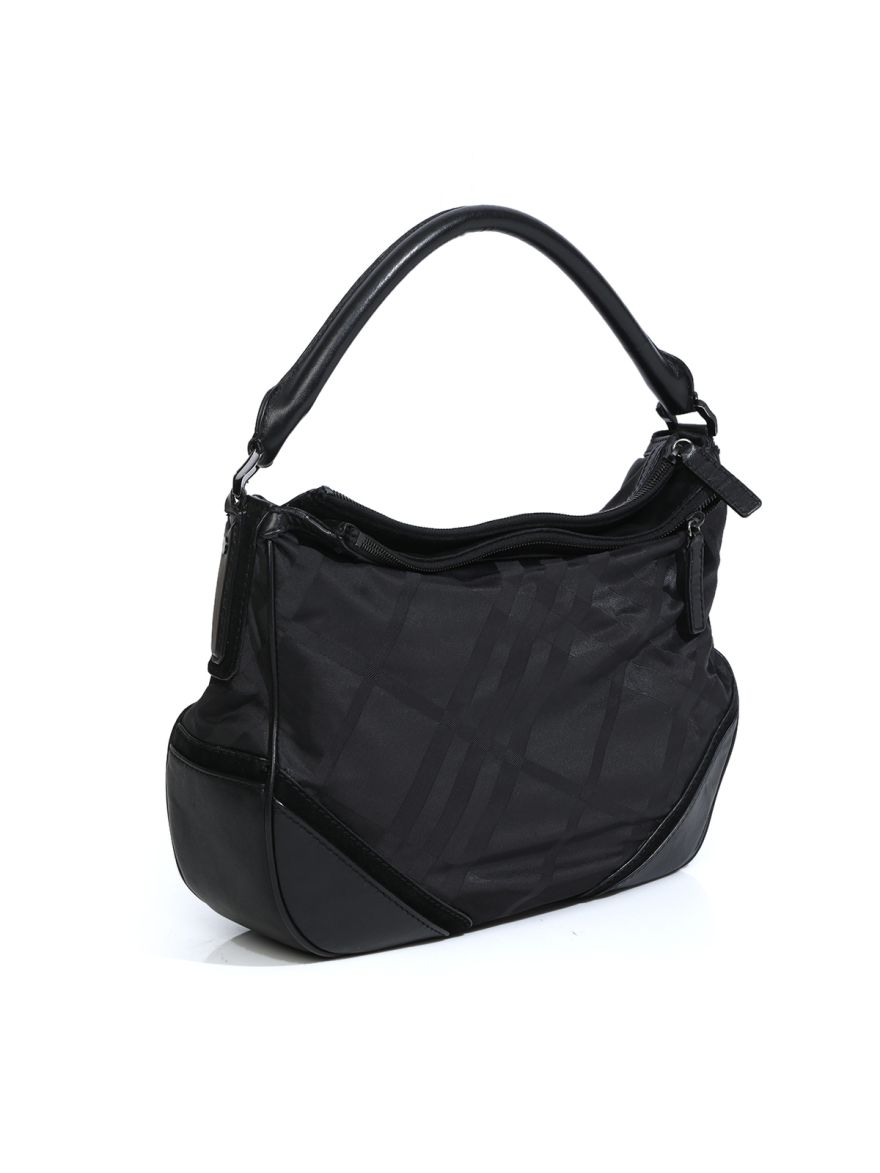 Black Leather Trim Nylon Double Chain Hobo Bag