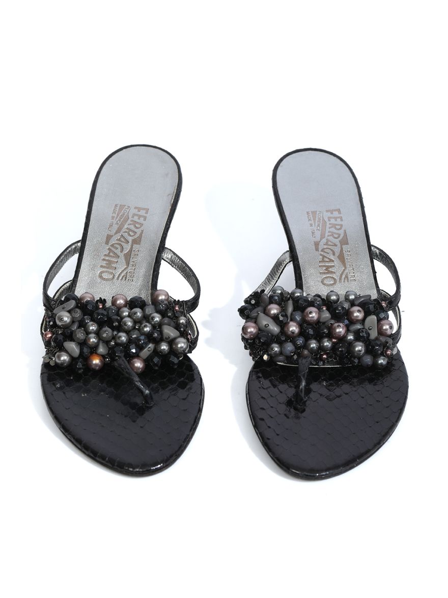 Snake Leather Embossed Bead Embellished Sandals Size 37