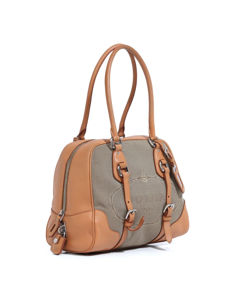 Brown/Beige Jacquard Logo Bauletto Bag