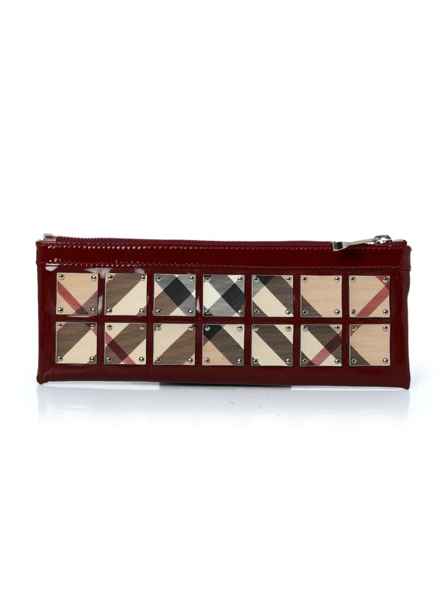 Supernova Check PVC And Patent Leather Wristlet Clutch