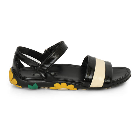 Black And White Patent Leather Floral Embellished Sandals Size: 39