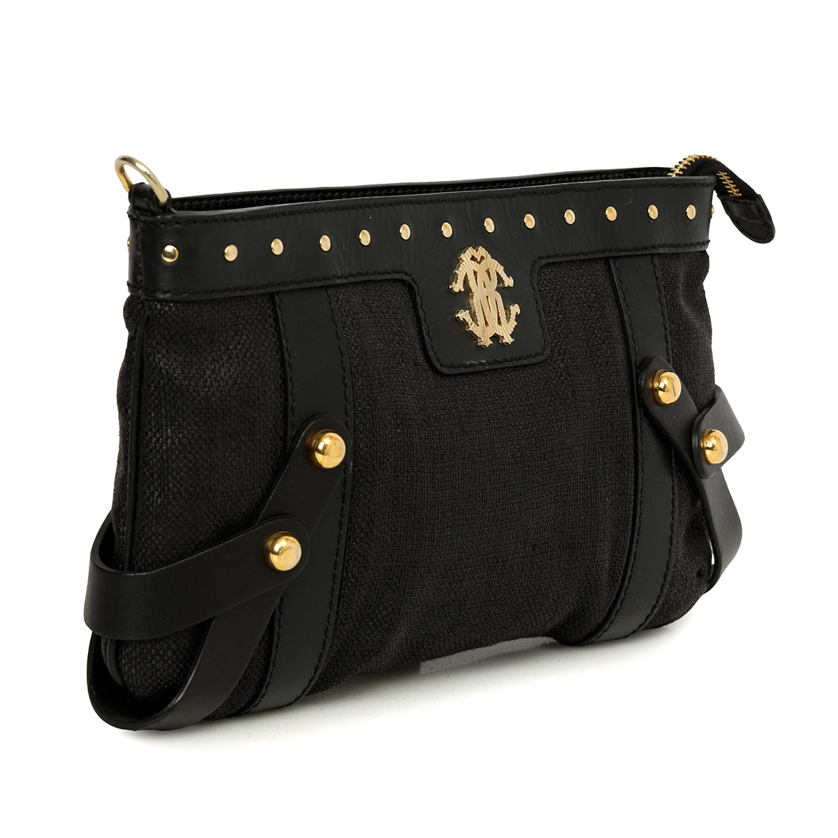 Leather Trim Black Canvas Clutch One Size