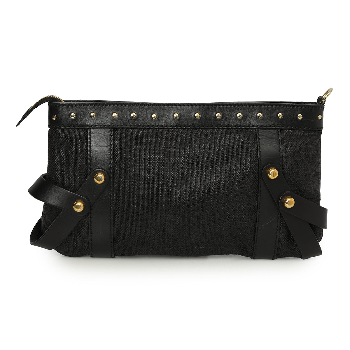 Leather Trim Black Canvas Clutch One Size
