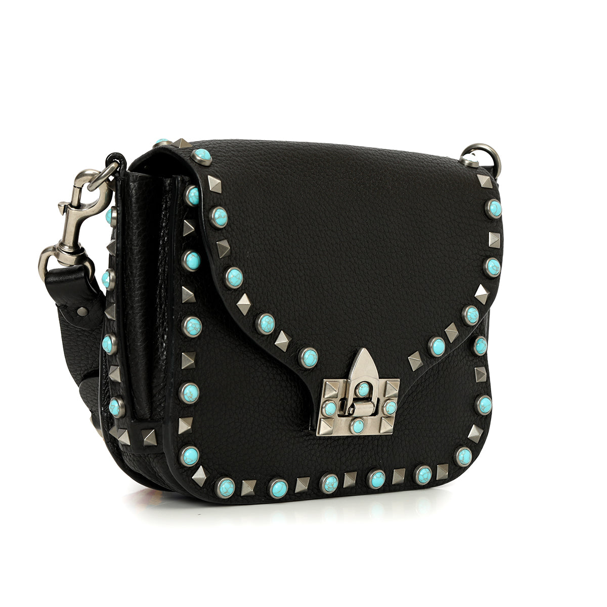 Black Leather Guitar Rolling Rockstud Shoulder Bag Small