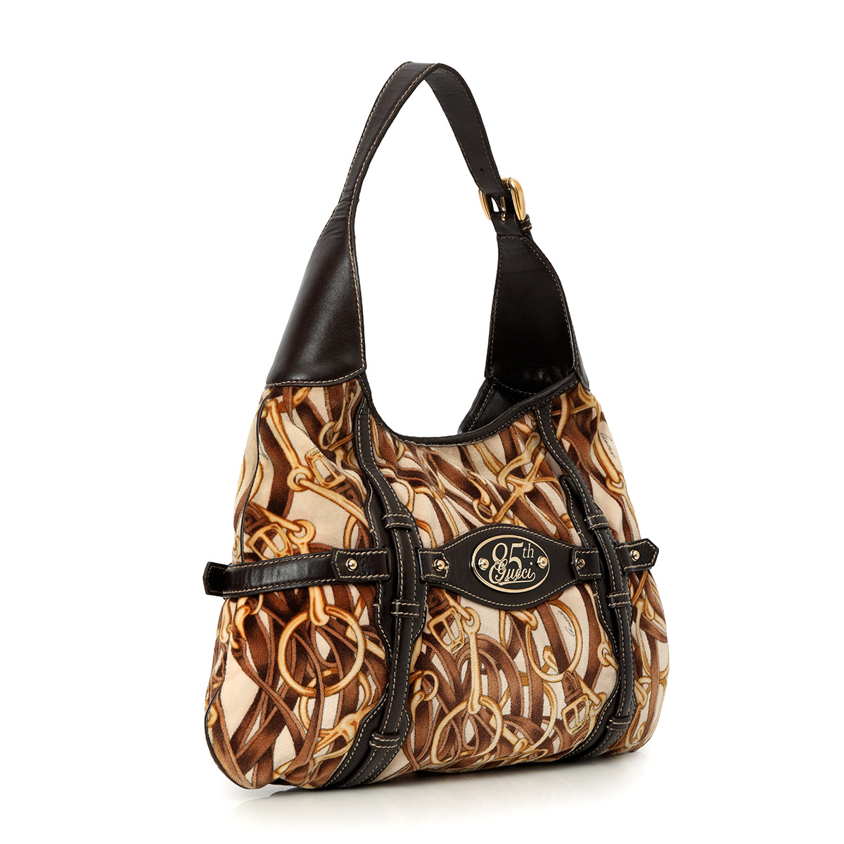 Dark Brown/Beige Leather & Horsebit Print Velvet Brit Hobo