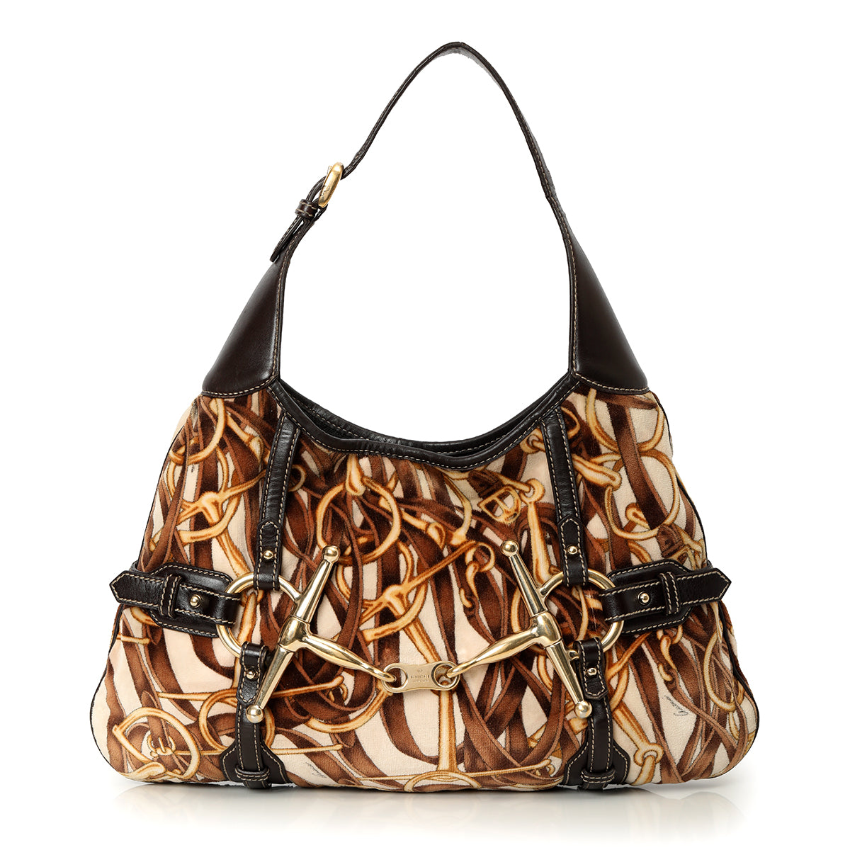 Dark Brown/Beige Leather & Horsebit Print Velvet Brit Hobo