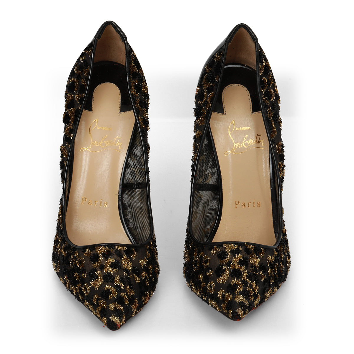 Black/Gold Leopard Print Lurex Fringe Mesh And Patent Leather Follies Pumps Size: 38