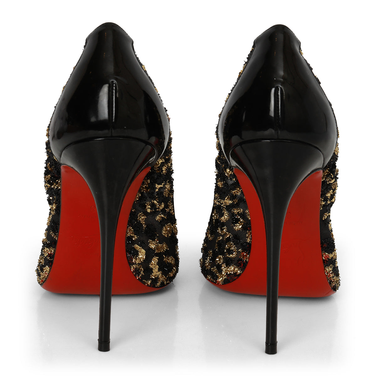 Black/Gold Leopard Print Lurex Fringe Mesh And Patent Leather Follies Pumps Size: 38