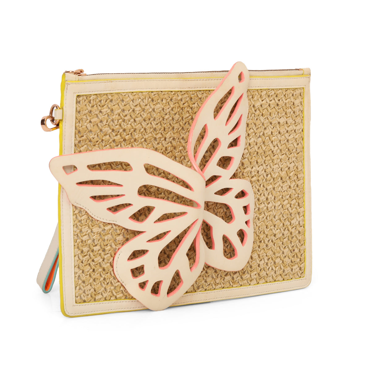 Flossy Leather Butterfly Raffia Wristlet - White Medium
