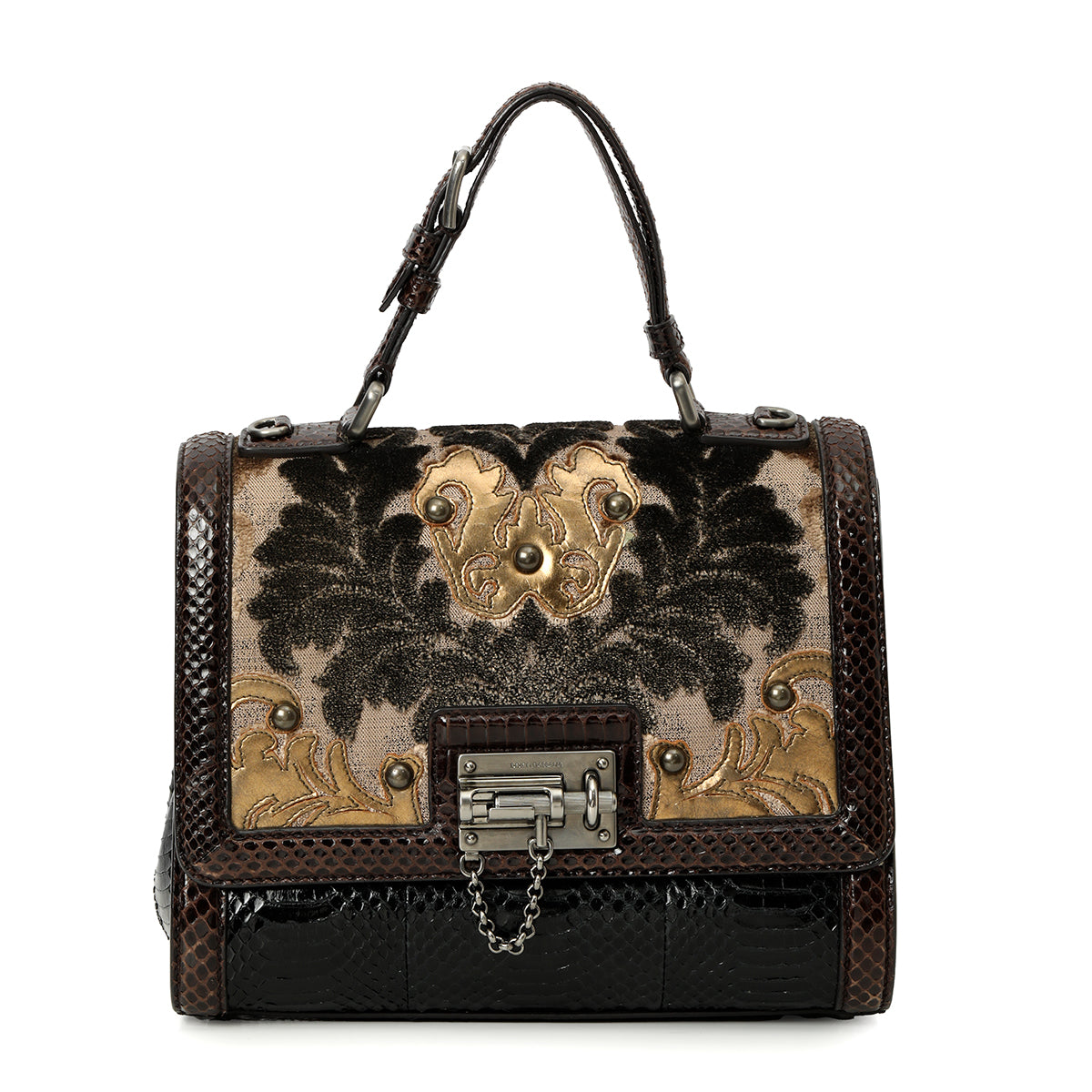 Brown Brocade And Python Monica Bag