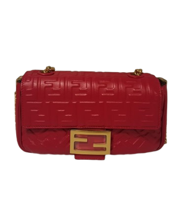 Baguette Chain Midi FF Red Embossed Nappa Leather Shoulder Bag