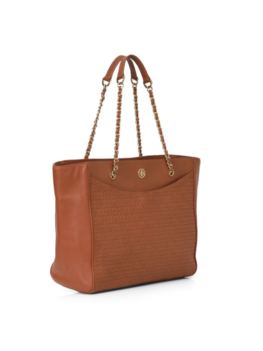 Tan Leather Embroidered Tote One Size